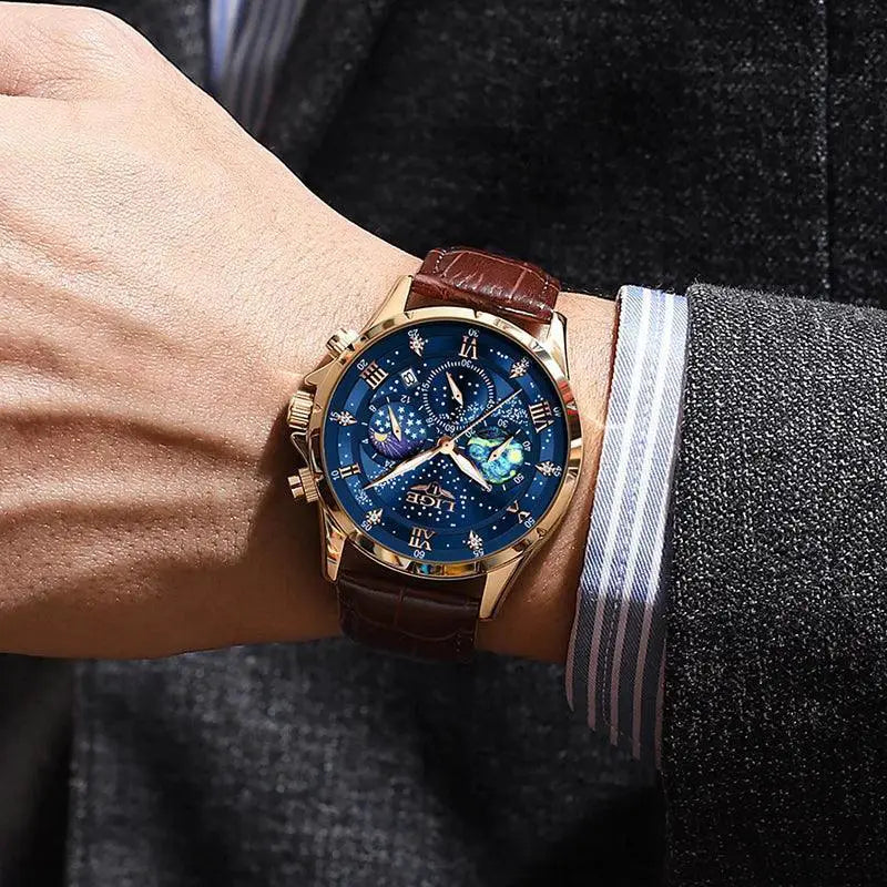LIGE Leather Strap Chronograph Sport Watch Waterproof
