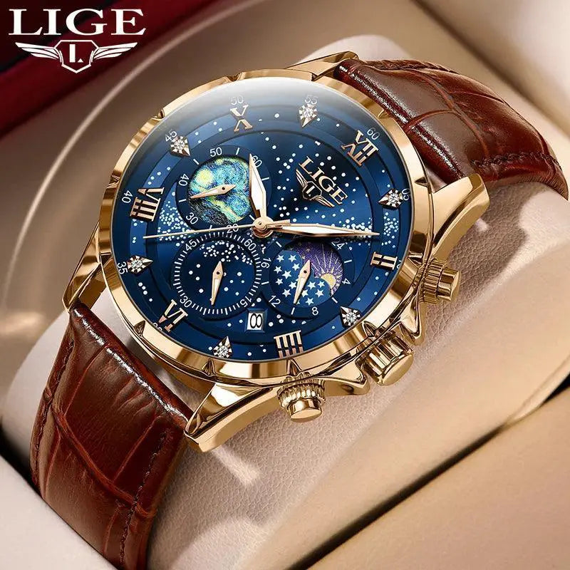 LIGE Leather Strap Chronograph Sport Watch Waterproof
