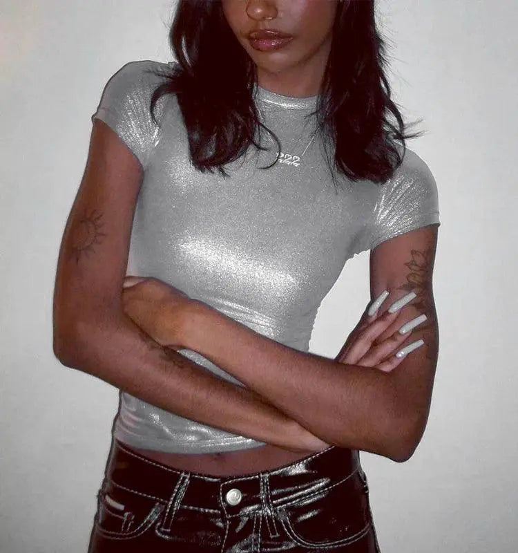Silver Street Style Crew Neck T Shirt Summer Chic Fashion