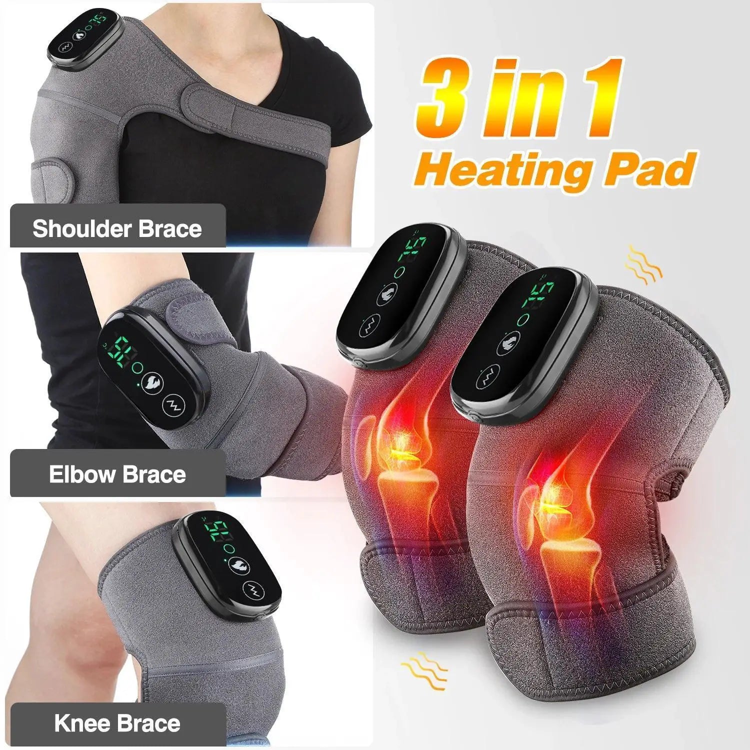 3 in 1 heating pad used as knee, shoulder, and elbow brace for joint pain relief