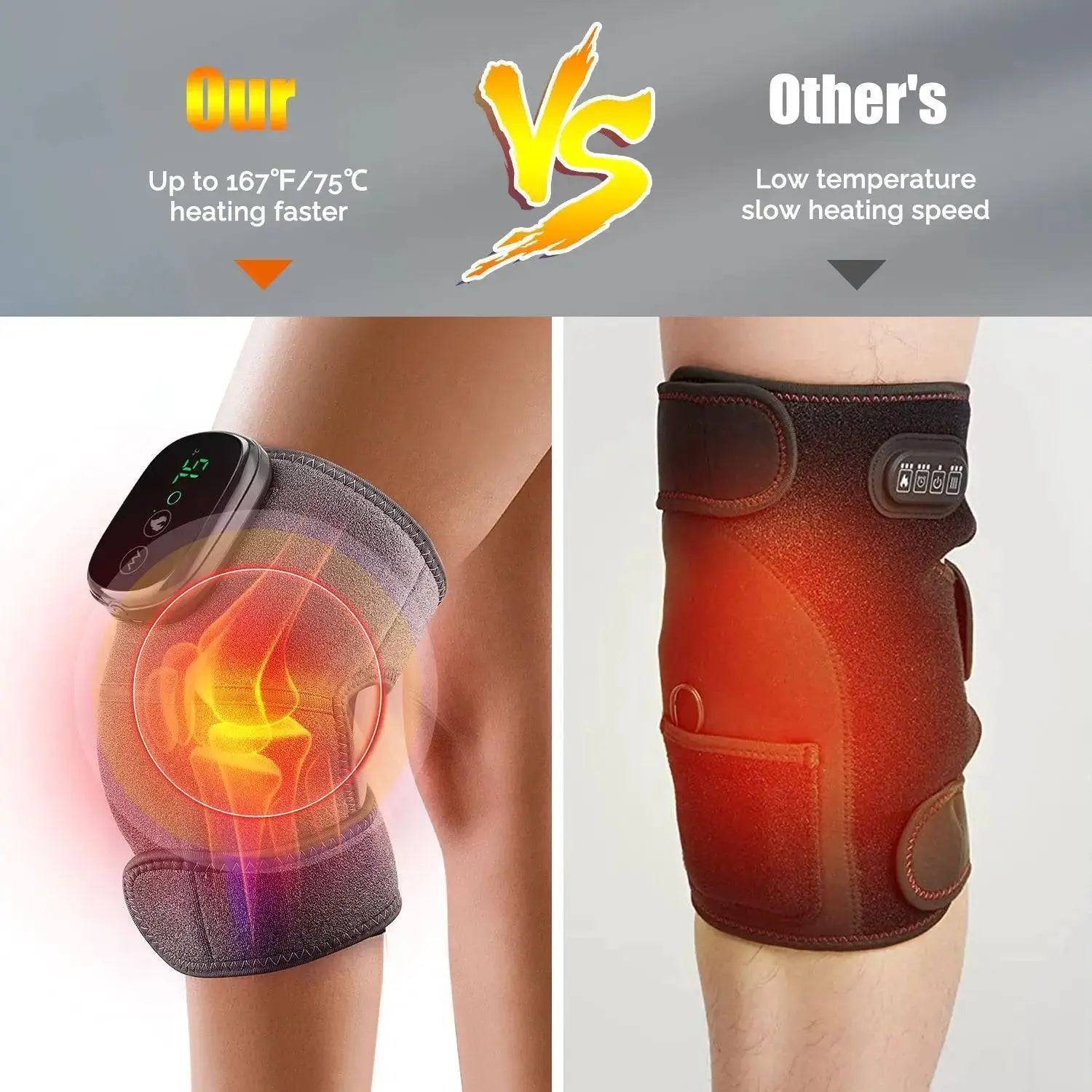 Knee and shoulder massager with digital display compared to traditional heat wrap for joint pain relief.