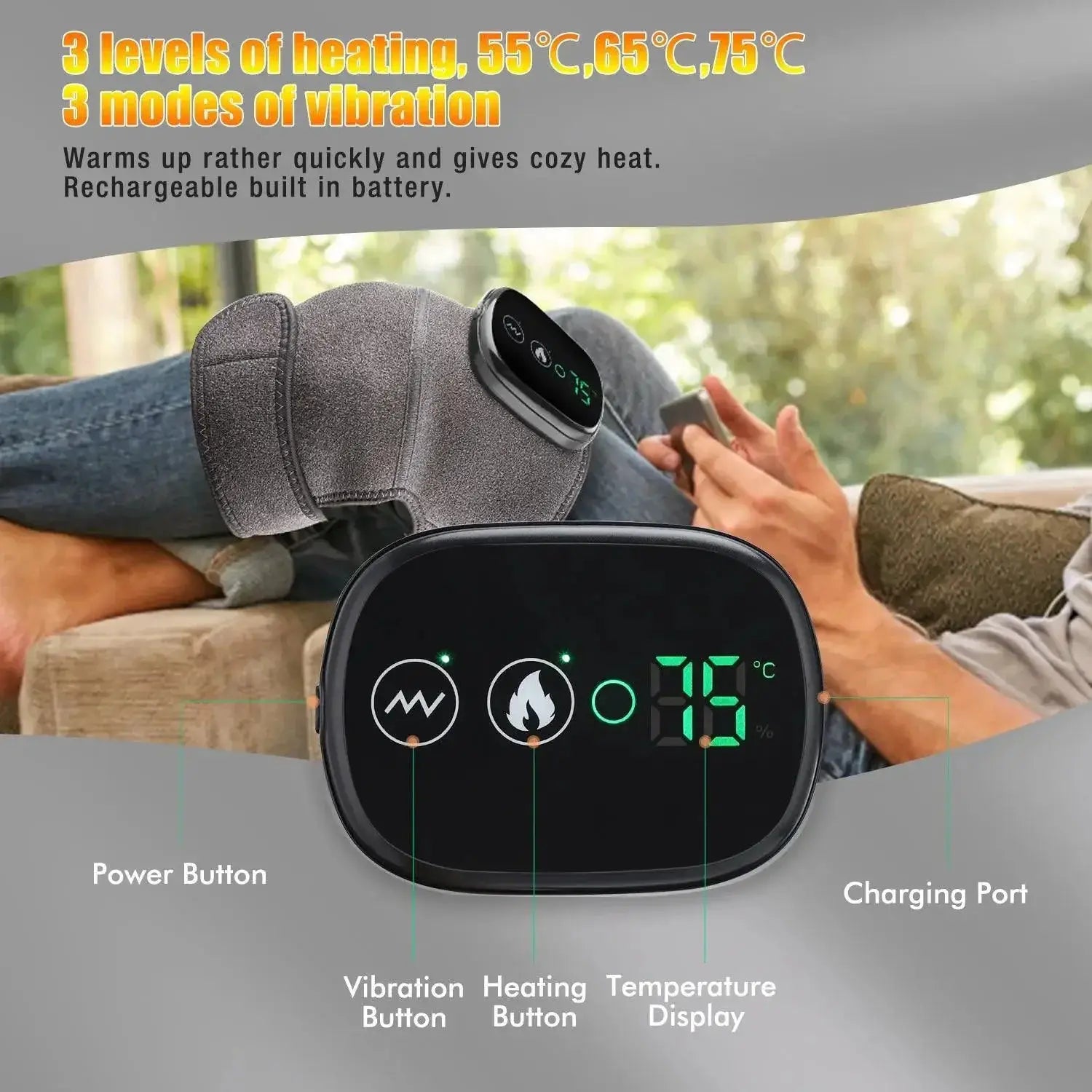 Black knee and shoulder massager with digital display for joint pain relief, showing heating and vibration modes.
