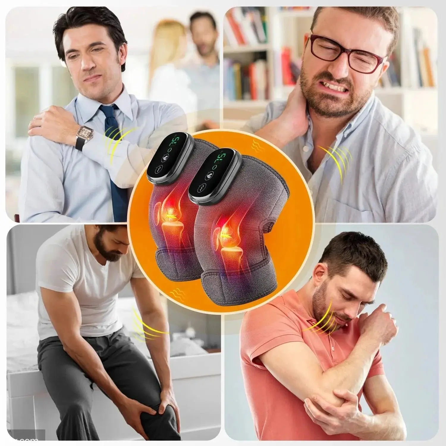 Electronic knee and shoulder massager device for joint pain relief with people using on shoulder, neck, elbow, and knee.