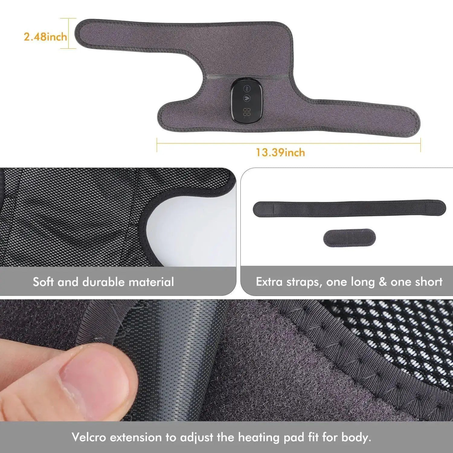 Black knee and shoulder massager heating pad with adjustable velcro straps and soft mesh material.