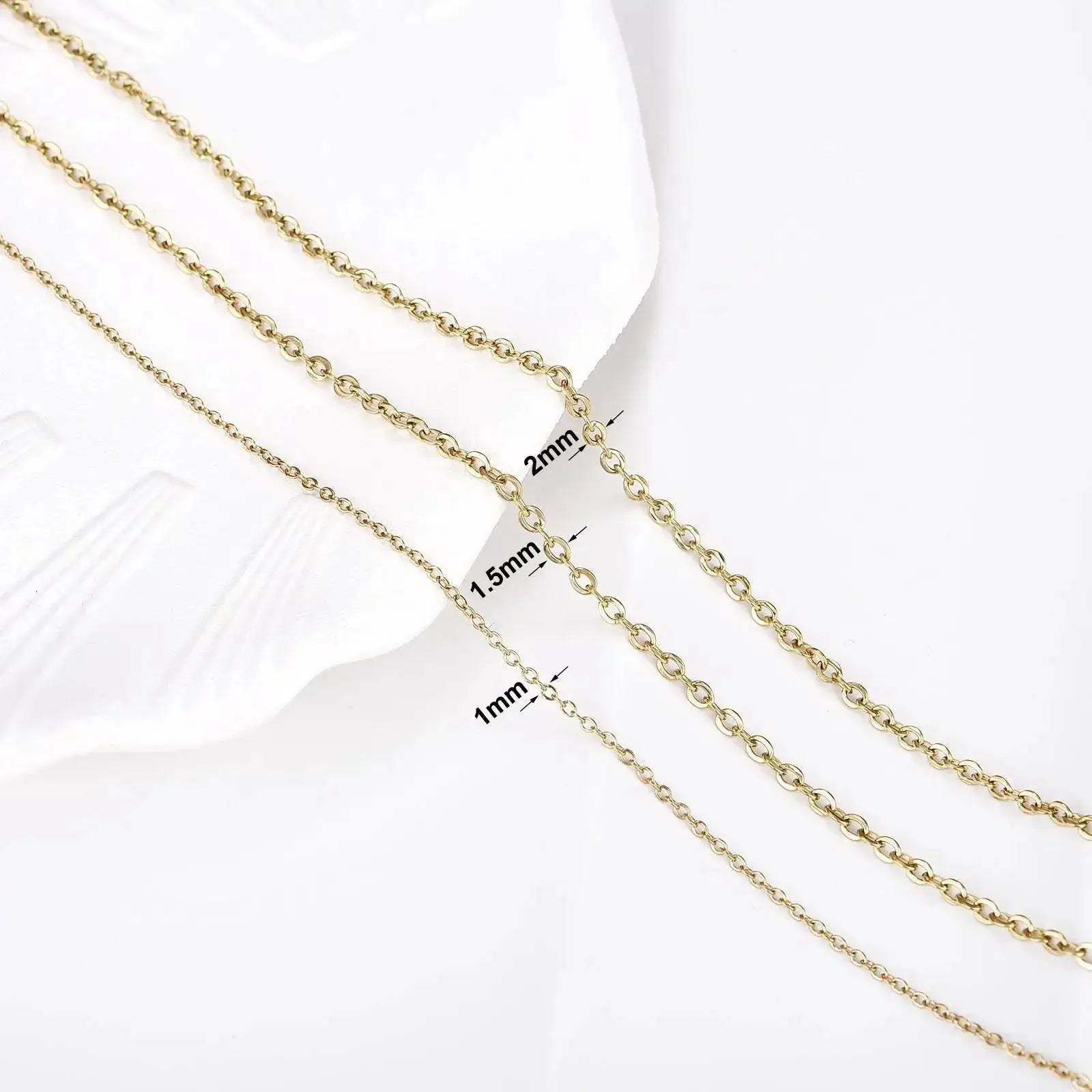 Gold color stainless steel necklace chains in 1mm, 1.5mm, and 2mm sizes from OurLum.com