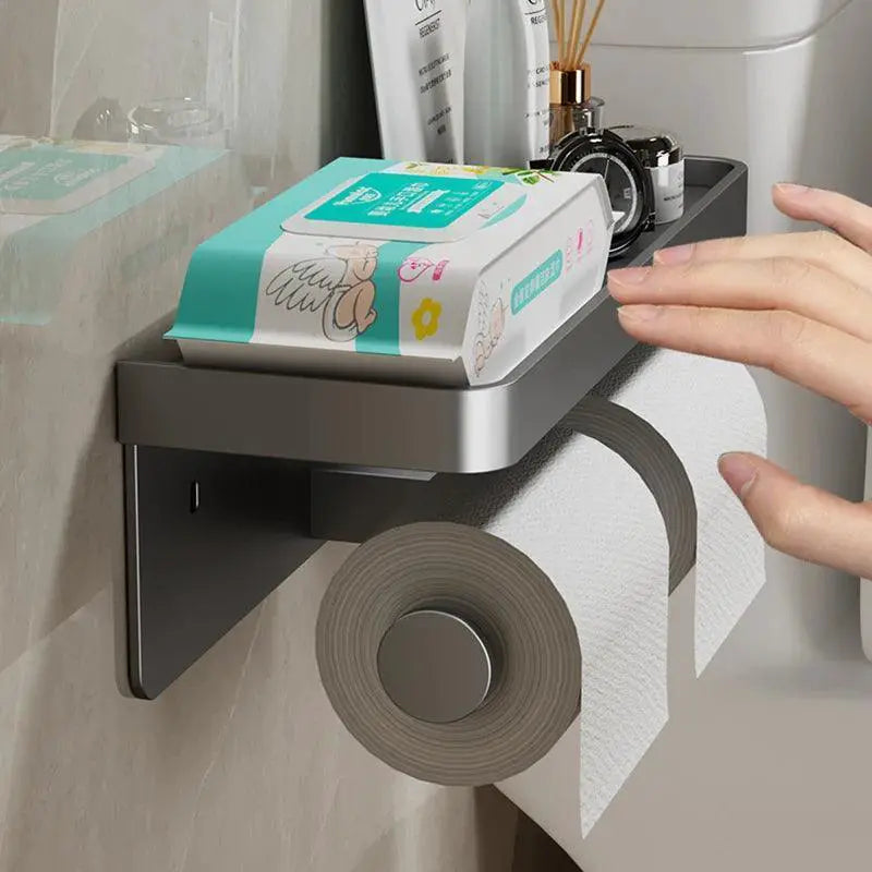 Aluminum Toilet Paper Holder With Shelf And Organizer