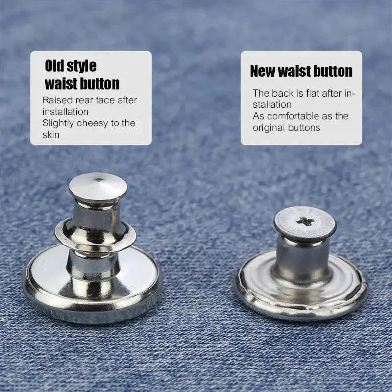 Comparison of old and new metal jeans buttons on denim, highlighting waist button repair kit from OurLum.com.