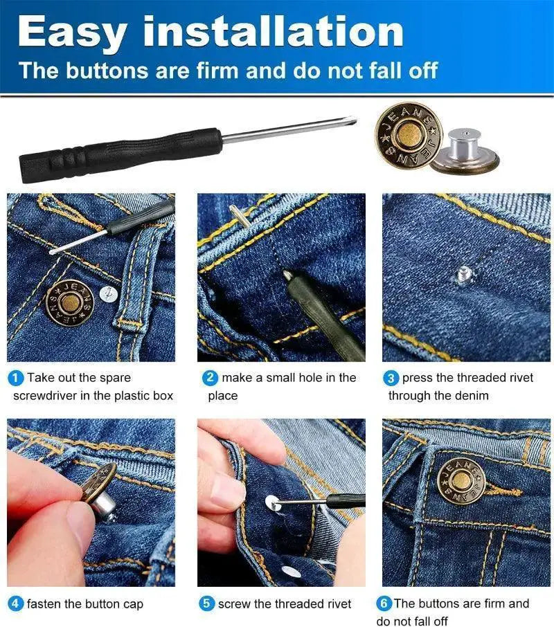 Easy installation guide showing how to use no-sew metal jeans buttons repair kit on denim from OurLum.com