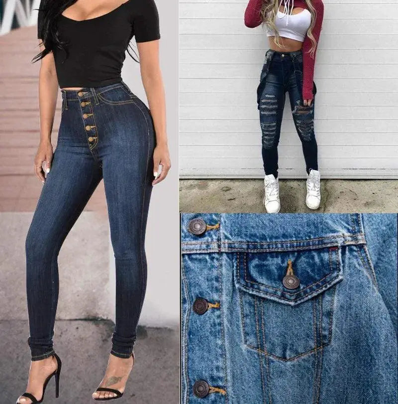 High-waisted and distressed women's jeans with metal buttons, denim close-up from OurLum.com