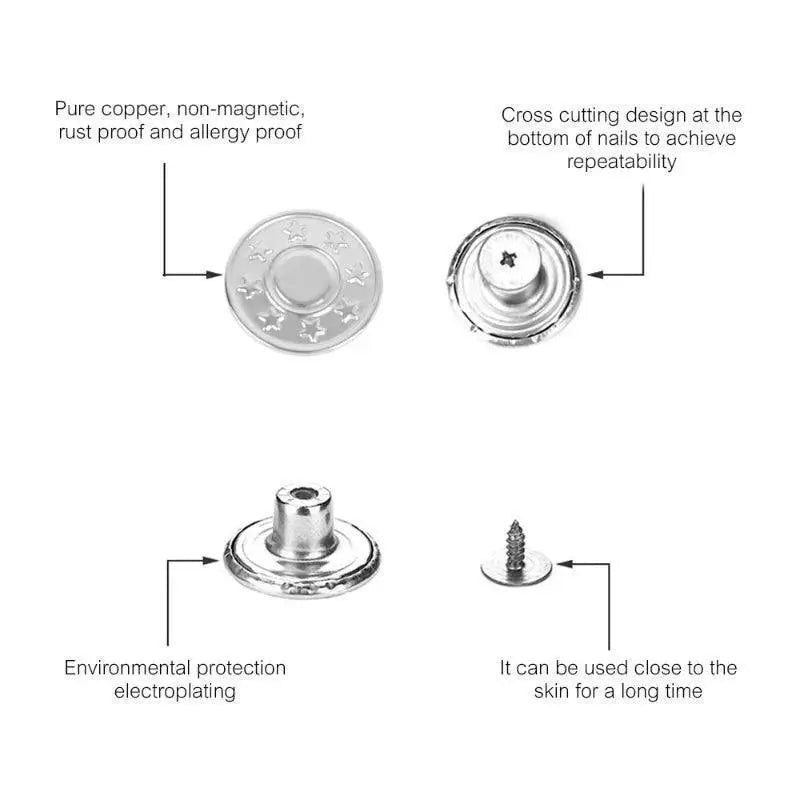 Jeans button replacement kit 17mm metal, rustproof, OurLum.com, eco-friendly, easy install