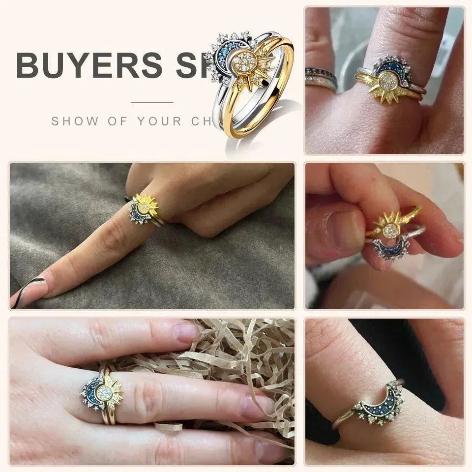 Celestial Crystal Blue Moon and Sun Ring Elegant Style