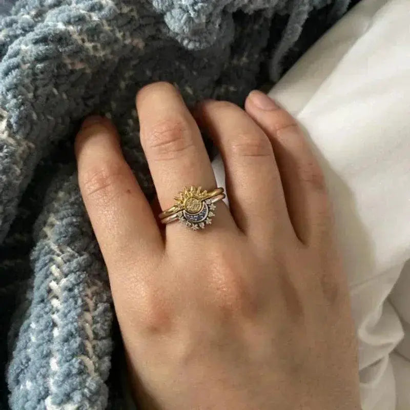 Celestial Crystal Blue Moon and Sun Ring Elegant Style