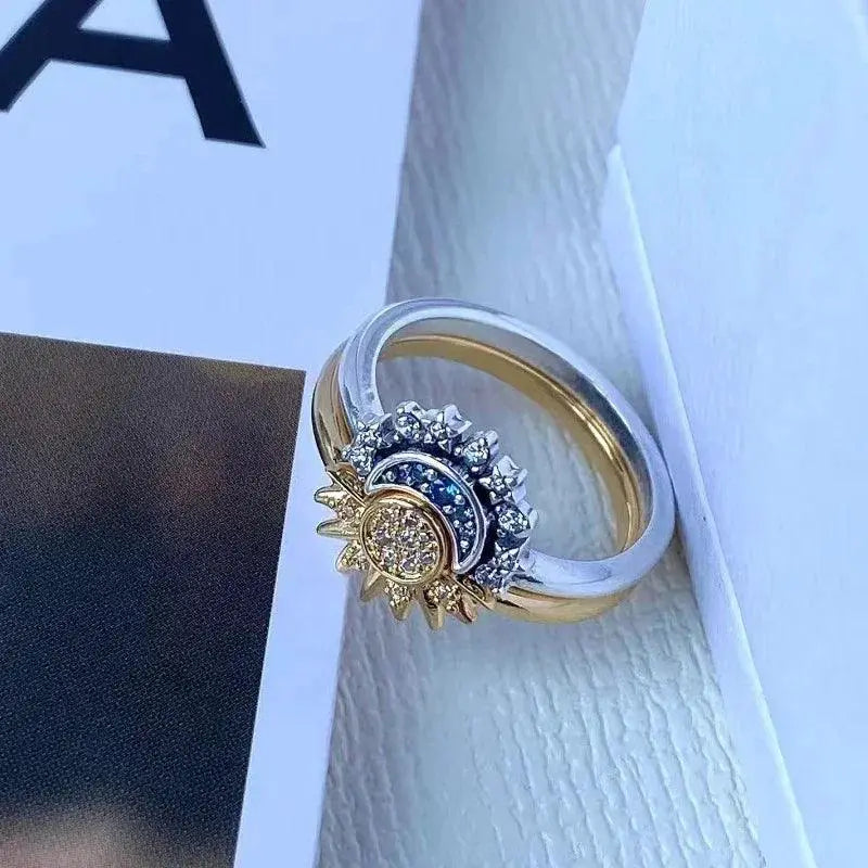 Celestial Crystal Blue Moon and Sun Ring Elegant Style