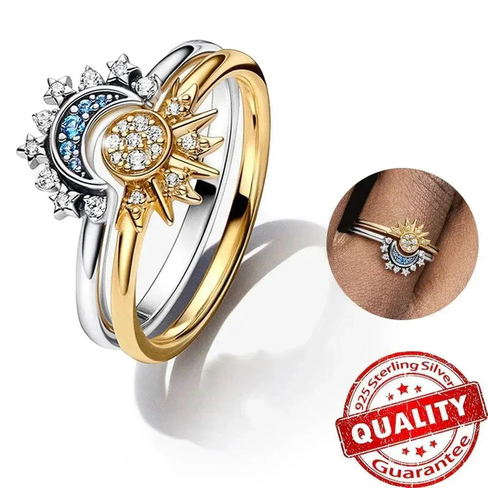 Celestial Crystal Blue Moon and Sun Ring Elegant Style