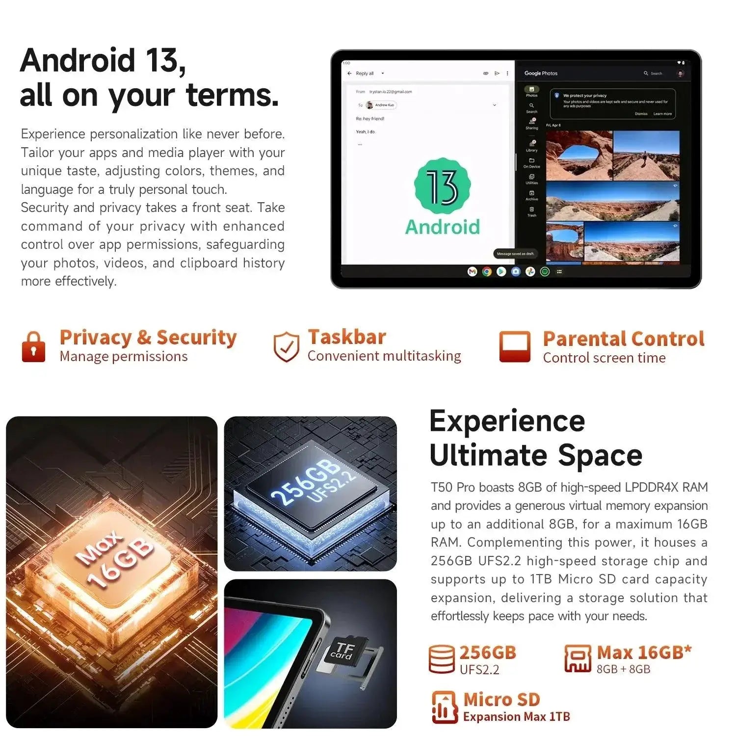 T50Pro 11 Inch Android Tablet 4G LTE 256GB 8GB RAM