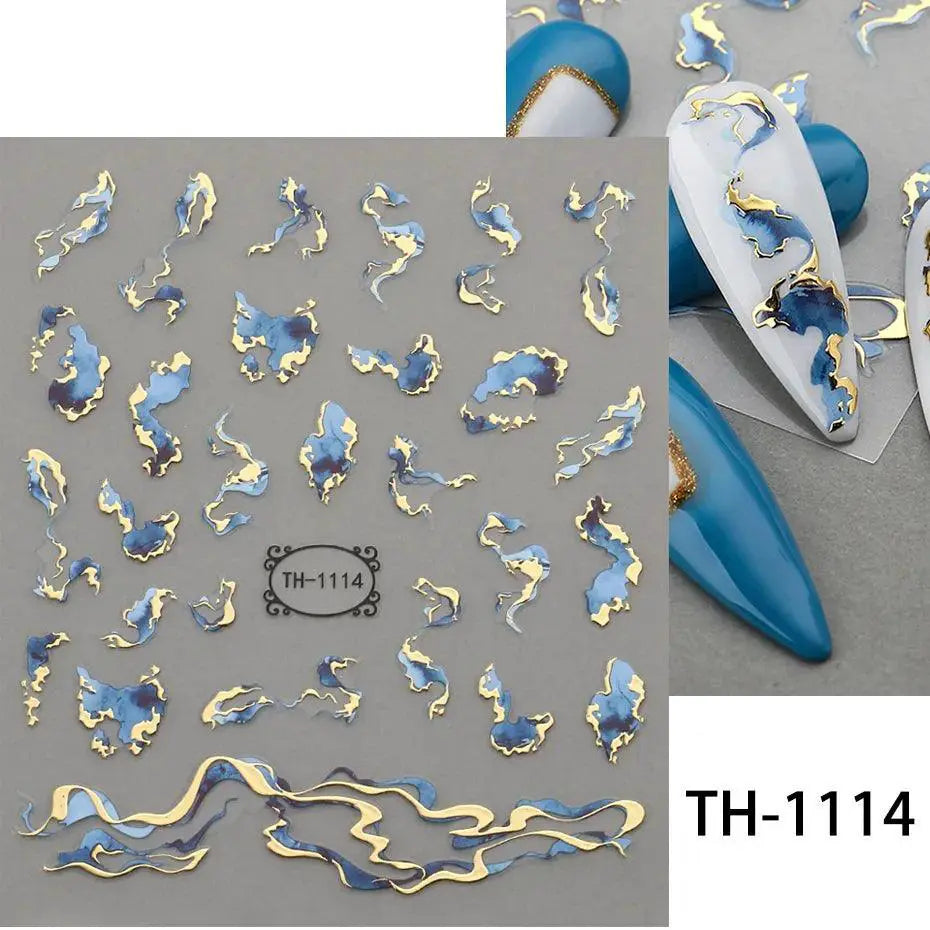 Marble Blue Nail Art Stickers Golden Wave Line Kit Set