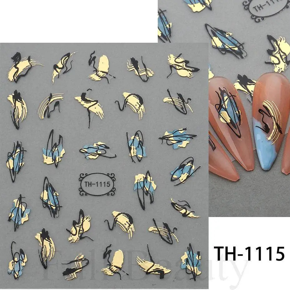 Marble Blue Nail Art Stickers Golden Wave Line Kit Set