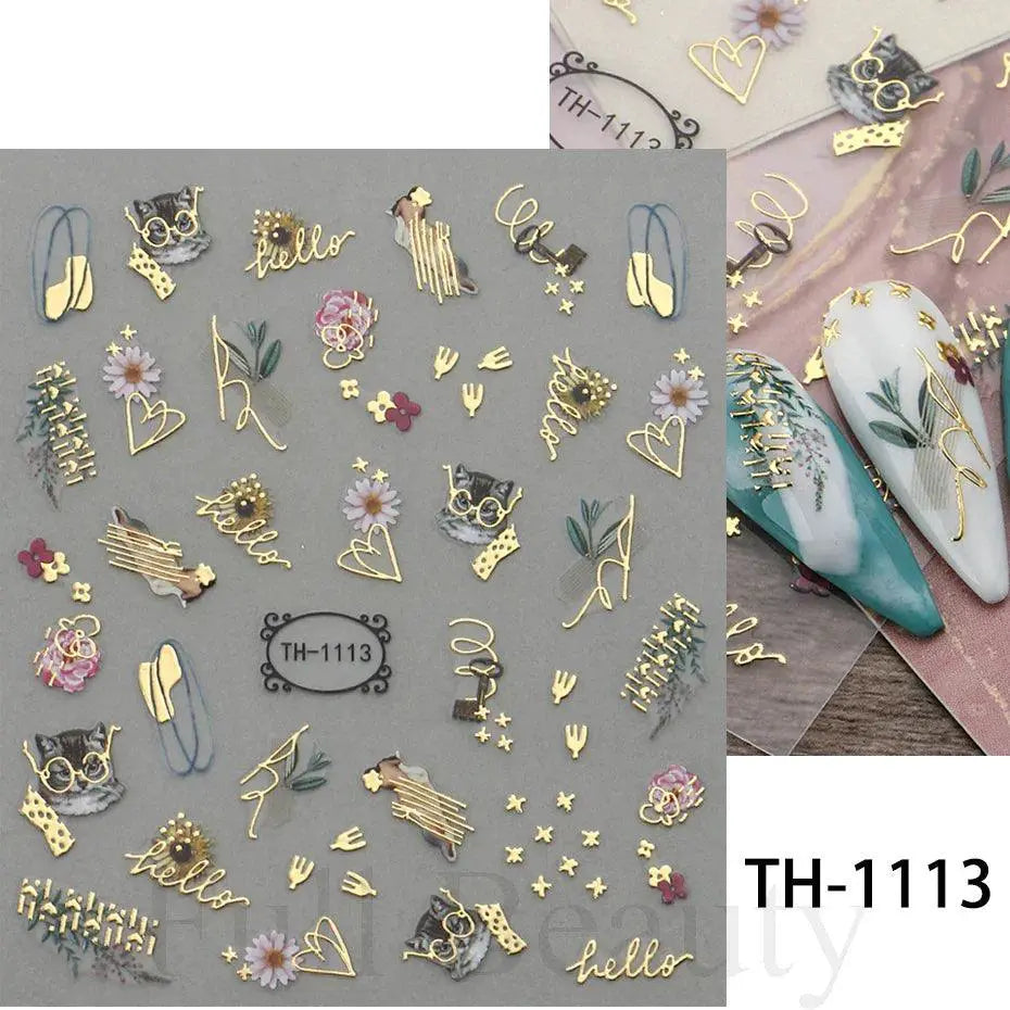 Marble Blue Nail Art Stickers Golden Wave Line Kit Set