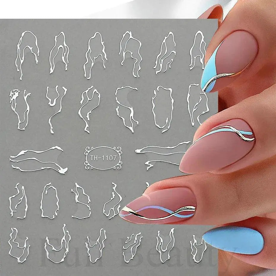 Marble Blue Nail Art Stickers Golden Wave Line Kit Set