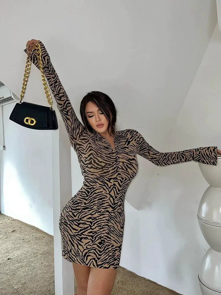 Tiger Stripe Slim Fit Dress Stylish Versatile Fashion