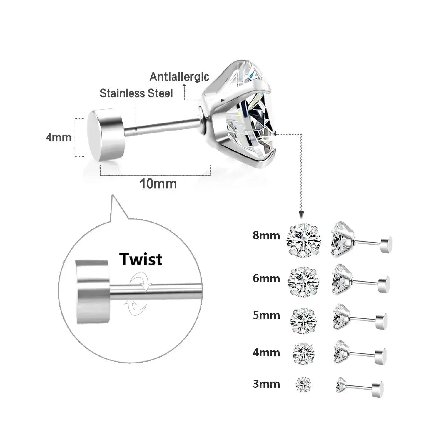 Stainless Steel Crystal Stud Earrings Unisex Jewelry