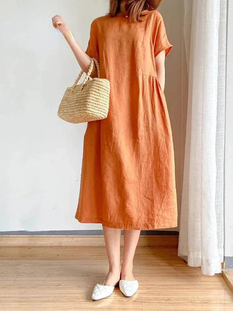Summer Elegance A Line Midi Dress Cotton Linen Blend