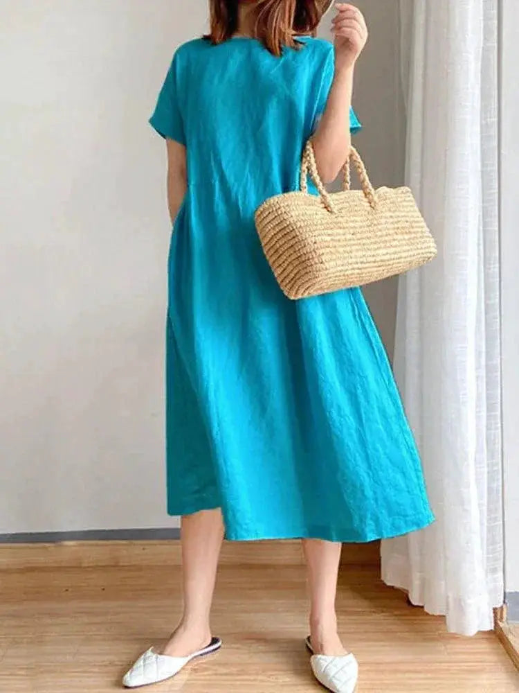 Summer Elegance A Line Midi Dress Cotton Linen Blend