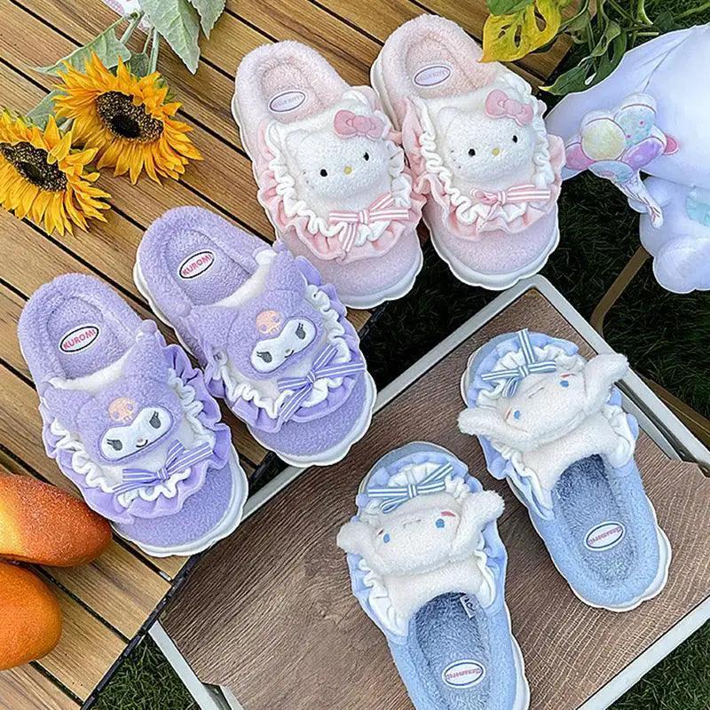 Hello Kitty Fuzzy Plush Slippers Cozy Winter Slip On Shoes