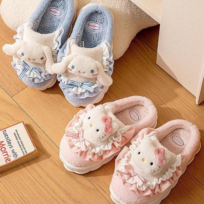 Hello Kitty Fuzzy Plush Slippers Cozy Winter Slip On Shoes