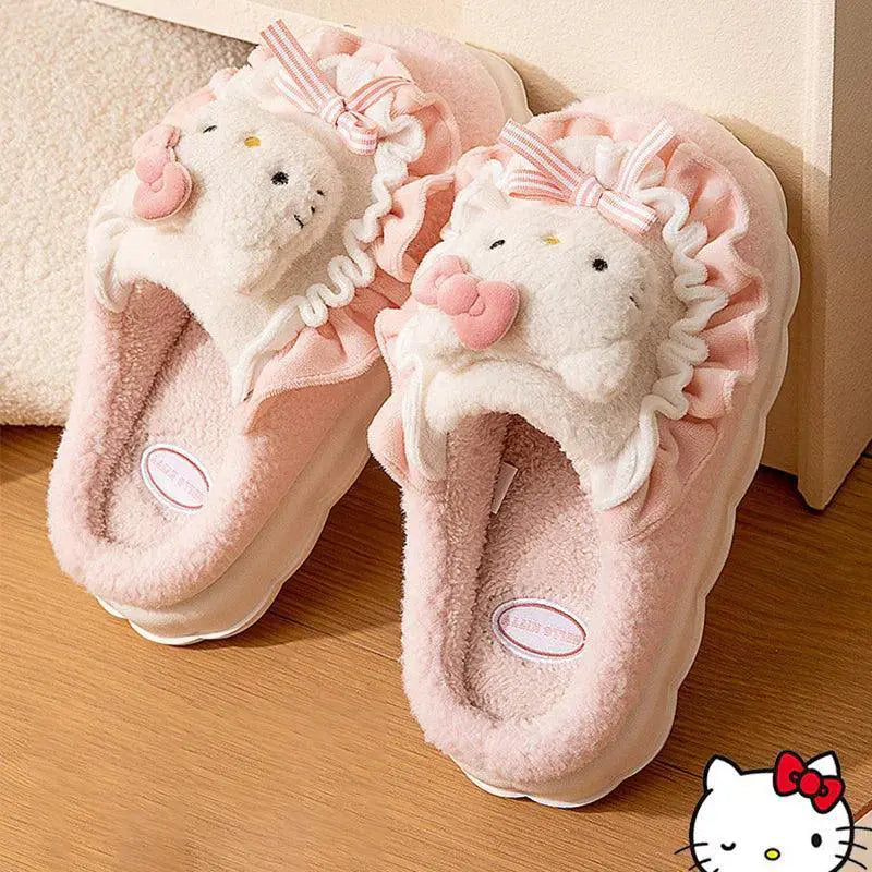 Hello Kitty Fuzzy Plush Slippers Cozy Winter Slip On Shoes