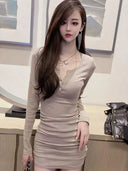 Elegant Pleated V Neck Dress for Modern Slim Fit Style