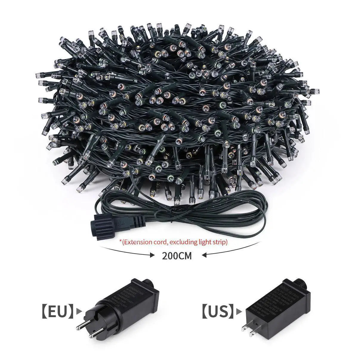 Long LED light string with black wire, EU and US plugs, ideal for outdoor garden or party decor from OurLum.com.