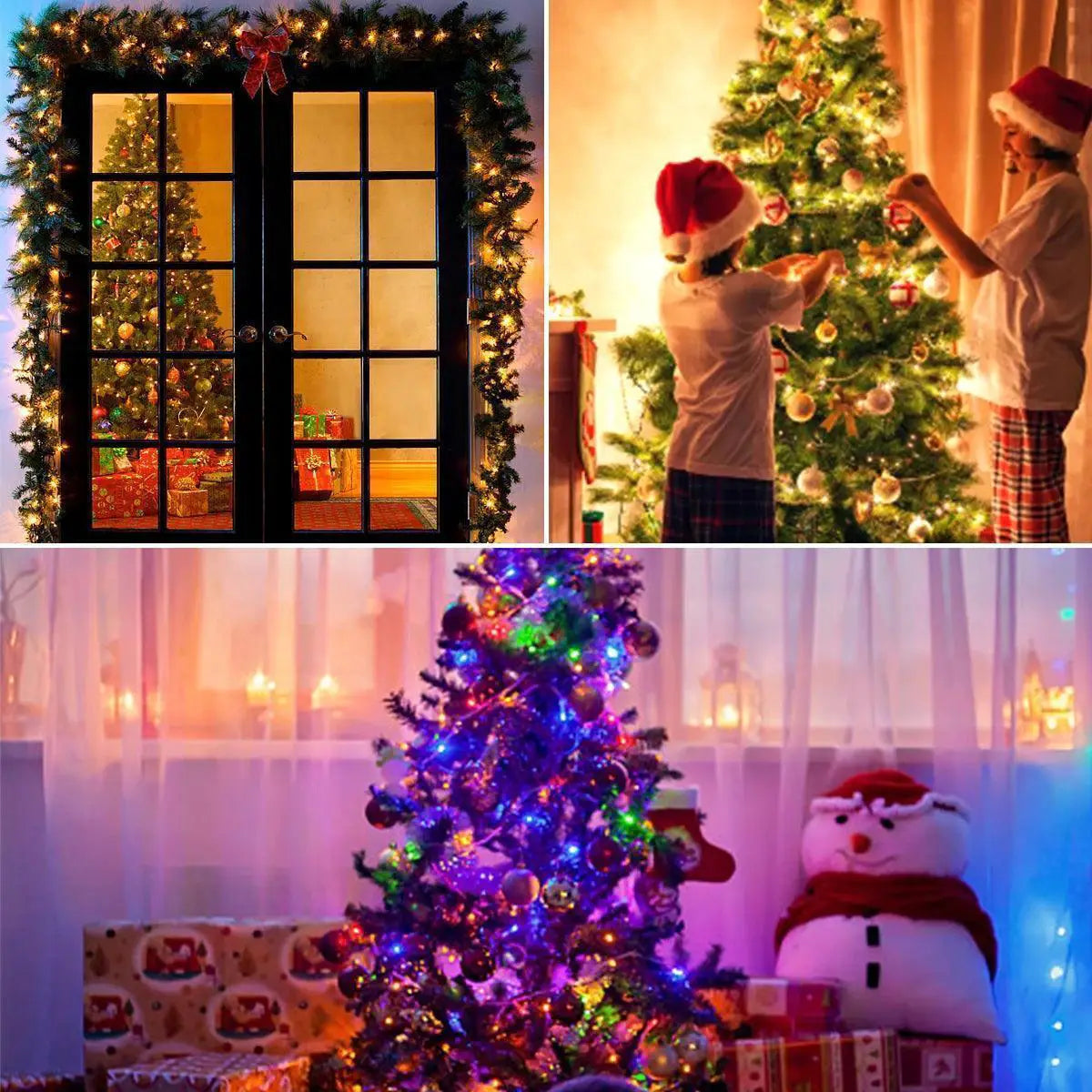 LED fairy string lights on Christmas trees and doorway, festive indoor decoration, OurLum.com