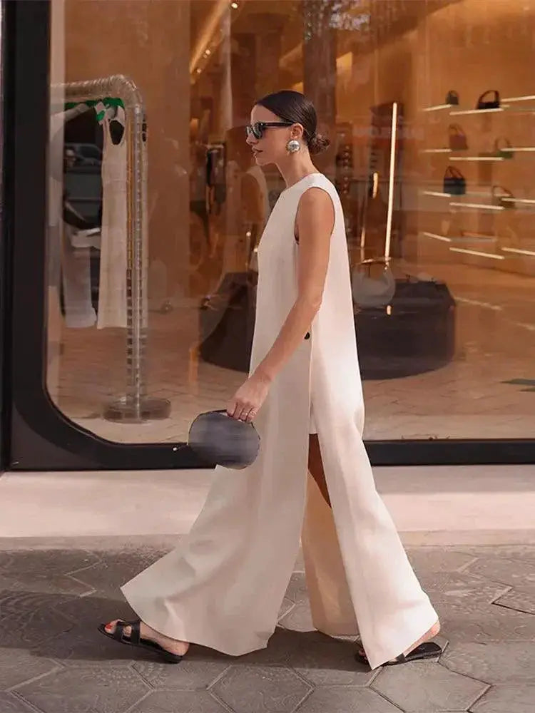 Elegant Split Midi Dress Stylish Women Summer Beach Fashion