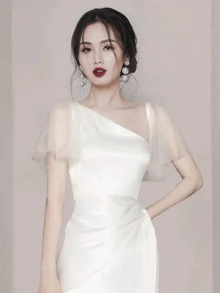 Autumn Elegance Korean Chic Oblique Collar Dress Style