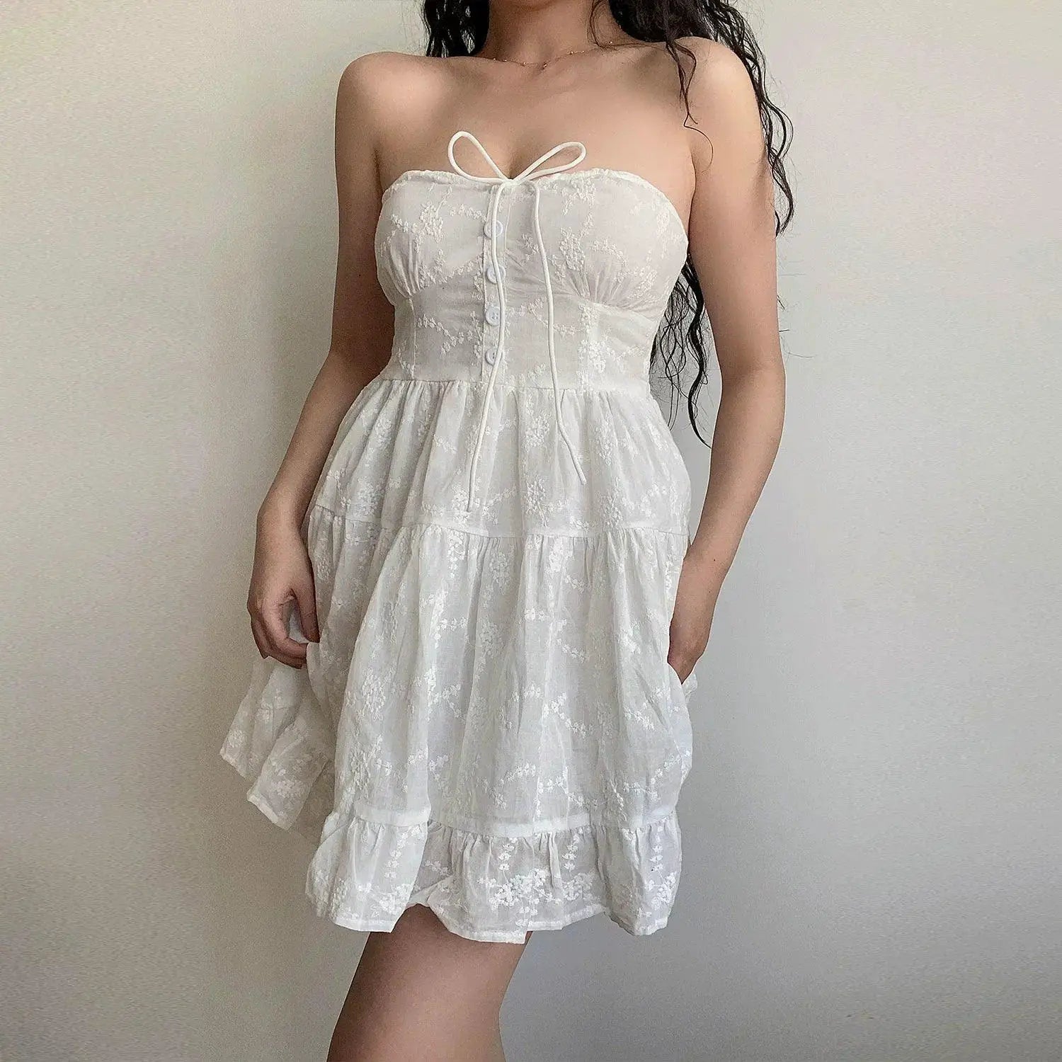 Beran South French Lace Up Off Shoulder Swing Dress Elegant