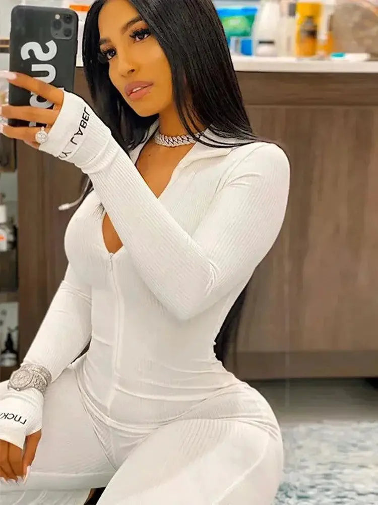 Street Chic Ribbed Jumpsuit With Trendy Letter Embroidery