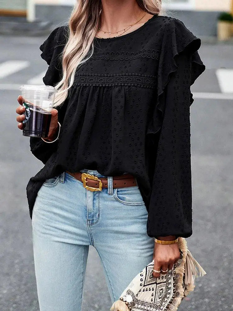 Polka Dot Jacquard Long Sleeve Lace Pullover Women