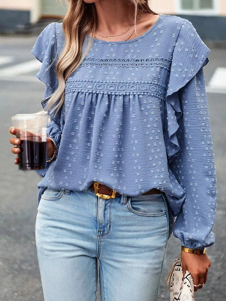 Polka Dot Jacquard Long Sleeve Lace Pullover Women
