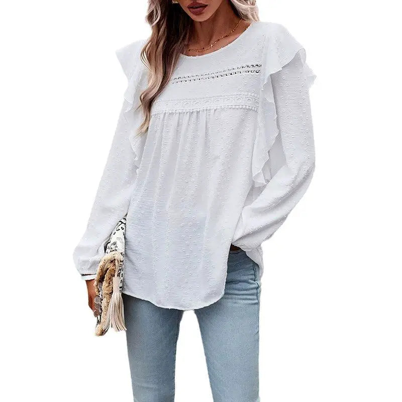 Polka Dot Jacquard Long Sleeve Lace Pullover Women