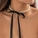 Elegant Black Ribbon Pearl Necklace