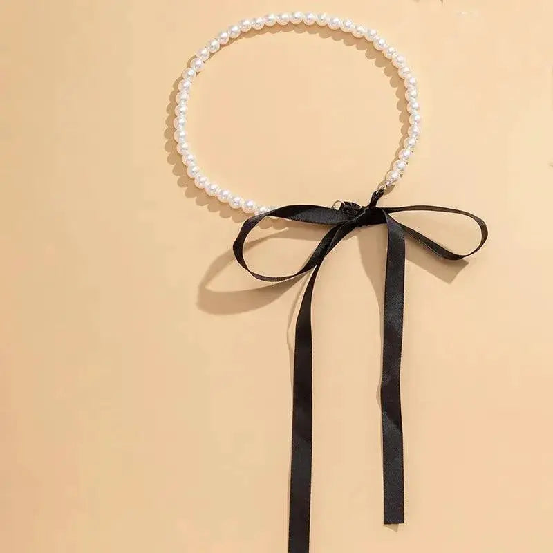 Elegant Black Ribbon Choker Necklace With White Pearls