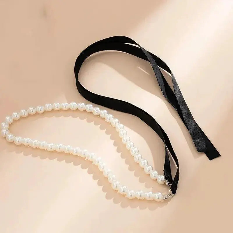 Elegant Black Ribbon Choker Necklace With White Pearls