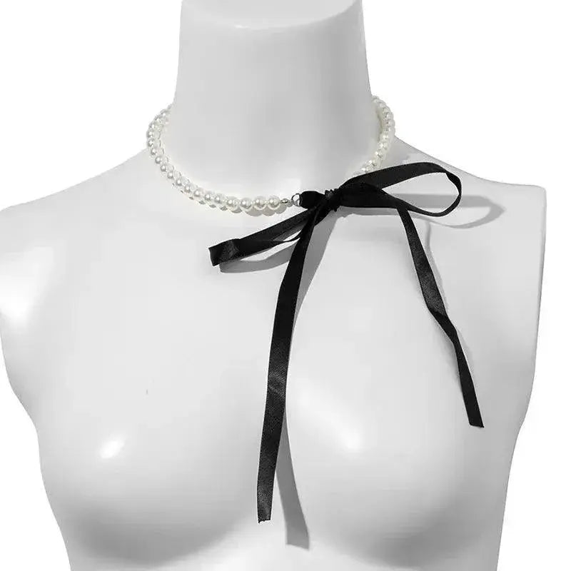 Elegant Black Ribbon Choker Necklace With White Pearls
