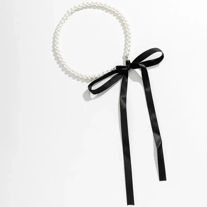 Elegant Black Ribbon Choker Necklace With White Pearls