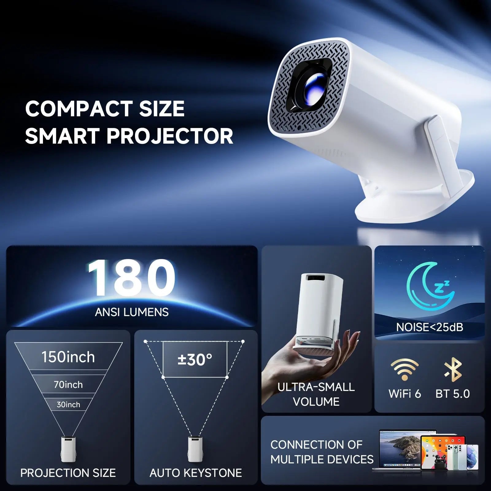 P30 PRO Smart Mini Projector - Android 14, WiFi 6, BT 5.0, 720P Portable Theater