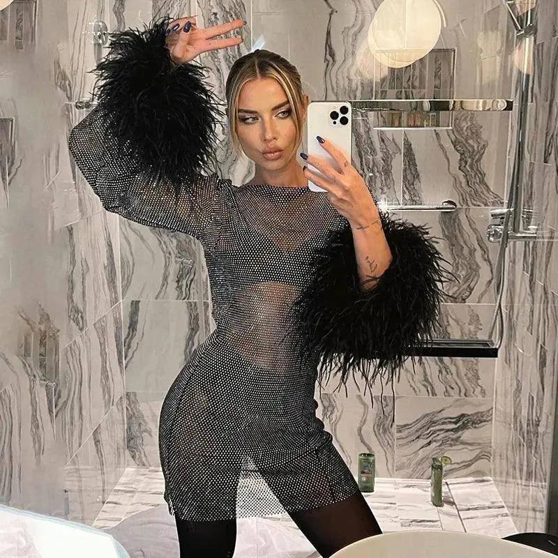 Party Sparkle Feathered Dress For Evening Events Women