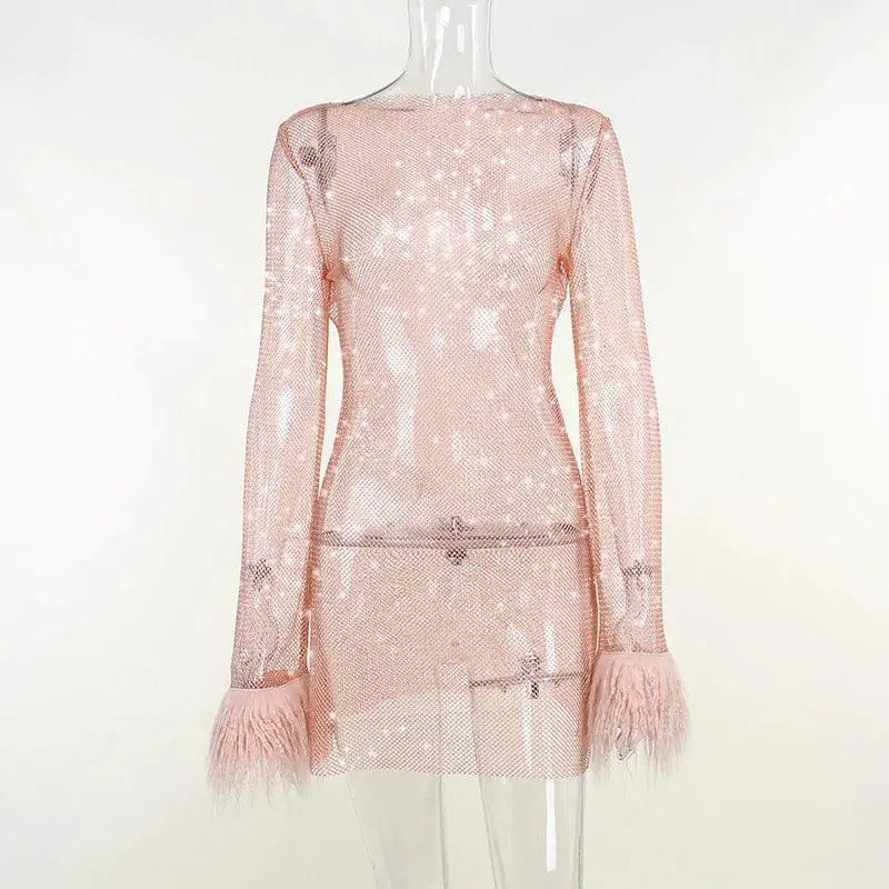 Party Sparkle Feathered Dress For Evening Events Women