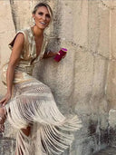 Patchwork Printed Tassels Dress Elegant Women's Clubwear