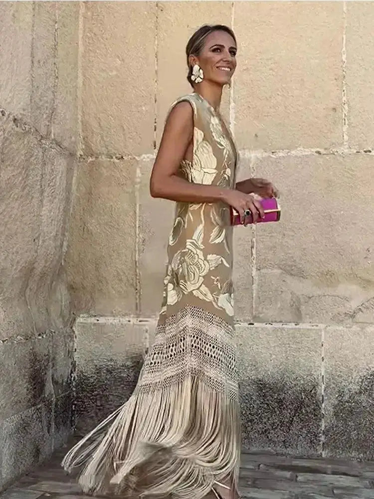 Patchwork Printed Tassels Dress For Elegant Clubwear Women